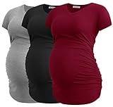 Smallshow Damen Umstandstop V Hals Schwangerschaft Seite Geraffte Umstandskleidung Tops T Shirt 3 Pack,Black-Light Grey-Wine,M