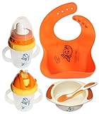 Baby Fütter-Set für Jungen & Mädchen, BPA-freie Schnabeltasse + Trainings-Becher mit einem Strohhalm + wasserdichtes Silikon Lätzchen + Schüssel mit Löffeln, die die Farbe ändern (5 Stück)