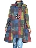 FTCayanz Damen Rollkragen Tunika Kleid Vintage Langarm Kariert Shirt A-Linie Pullover Oberteile mit Taschen Blau XXL