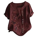 B-commerce Plus Size Frauen Kurzarm Baumwolle Leinen O-Ausschnitt Button Print Bluse Top T-Shirt, wein, S