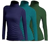 3x Damen Frauen Langarm Rollkragen - Rolli - Rollkragenshirt - Turtleneck T Shirt - 3er Pack - Basic TShirt Tops - 3 in 1 (Dunkelblau + Petrol + Grün)