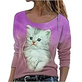 Orgrul Damen Tops und Blusen, Frauen Beiläufig O-Ausschnitt Cat Printed Langarm Nettes T-Shirt Lose Basic Herbst Tops (XL, Heißes Rosa)