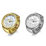 JewelryWe 2PCS Damen Ringuhr Fingeruhr Analog Blumen Quarzuhr Elastisch Ring Band Uhr Uhrenring Geschenk für Mädchen Silber G