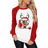 Overdose Damen Casual Loose Weihnachtsdruck Oberteile Pullover T-Shirts Lange Ärmel Xmas Tunika Tops Blusen Fashion Tshirt Rundhals Merry Christmas Sw