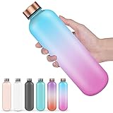 Trinkflasche 1 Liter, BPA-frei Tritan wasserflasche mit zeitmarkierungen, Kohlensäure geeignet, auslaufsichere trinkflasche für Sport, Fitness, Büro(Blau Lila)