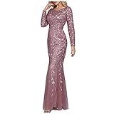 Frauen Slim Langarm Pailletten Mesh Meerjungfrau Party Rundhals Abendkleid Cocktail Bodycon Formal Ballkleid Paty Kleid, rose, S