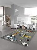 Kinderteppich Spielteppich Baustelle Teppich mit Bagger in grau Größe 120x170