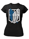 clothinx AOT Scouting Legion 2-Farb Variante Anime und Manga Design mit Titan Aufklärungstrupp Wappen-Schild Perfekt für Cosplay Fans und die nächste Convention Damen T-Shirt Fit Schwarz Gr. L