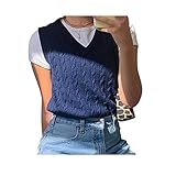 PPangUDing Strickpullover Damen Elegant Ärmellos V-Ausschnitt Vest Einfarbrig Zopfmuster Herbst Pullover Tank Top Oberteil Strickw