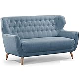 CAVADORE Zweisitzer-Sofa Abby / Klassisches Polstersofa mit Knopfverzierung / 153 x 89 x 88 / Strukturstoff, blaug