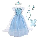 Mädchen Prinzessin Elsa Kostüme Eiskönigin Schneeflocke Tüll Kleid mit Umhang Zubehör Kinder Schneekönigin Eisprinzessin Verkleidung Halloween Cosplay Party Karneval Weihnachten Geburtstag Blau 4-5J