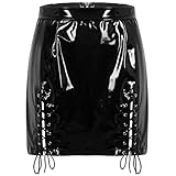 iixpin Damen Figurbetonter Rock Minirock Bleistiftrock Bandage Stretch Lack Leder Latex Kostüm mit Seitlichen Schnürung High Waist Schwarz XL
