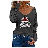 Timitai Damen Weihnachtsdruck Frohe Weihnachten Stitching Stripe Langarm V-Ausschnitt T-Shirt Top Damen Herbst Tops 2021
