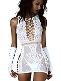 Bommi Fairy Damen Sexy Spitzen Set Mesh Dessous Set Fischnetz Babydoll Mini Kleid Free Size Bodysuit Nachtwäsche Unterwäsche Sexy Perspektiv Erotische Dessous Lingerie Erotik Reizwäsche (Weiß)