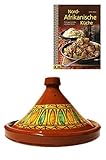 Marokkanische Tajine Topf zum Kochen + Kochbuch | Schmortopf glasiert Gulnar Ø 30cm, für 4-5 Personen | inklusive Rezepte Buch Nord Afrikanische Küche | ORIGINAL Tontopf handgetöpfert aus Marokk