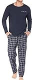 Schlafanzug Herren Lang Pyjama Nachtwäsche Schlafhose Oberteile Schlafshirt mit Taschen für Männer Herbst Winter Zuhause B