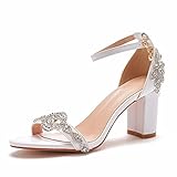 Damen Brautschuhe, Blockabsatz Mit Strass Offene Zehen Sandalen Sexy Schnalle Hochzeitsschuhe Für Hochzeitsgesellschaft Abend,Weiß,36 EU