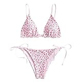 ZAFUL Damen Gepolstert Bikini Set, Reversible Blumenmuster Bikini Badeanzug mit Dreieck Cup Spaghetti-Träger (Rosa, M)