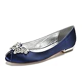 QXue Ballerinas Flache Brautschuhe Satin Knöchelriemen Damen Slip on Hochzeit Kleid Party Brautjungfer Schuhe 36-44,Dark Blue,43 EU