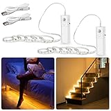 WOBANE LED Band mit Bewegungsmelder, Wiederaufladbar Kleiderschrank Beleuchtung,2*2m LED Streifen Batterie,LED Sensor Licht Schrankleuchten für Küche,Kleiderschrank,Treppe,Bett,2700K Warmweiß,2 pack