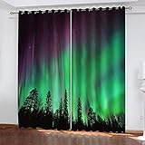 GXCBLK Verdunkelungsvorhang Mit Ösen Gardinen Schlafzimmer Kinderzimmer Mädchen Junge Ösenvorhang Blickdichte Vorhänge 3D Grüne Aurora-Landschaft Muster Thermovorhang 70X160Cm 2Er S