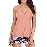 Vialogry Tankini-Badeanzüge für Damen, sexy V-Ausschnitt, ärmellos, Tankini + Shorts, Orangerosa, M