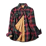 Yowablo Hemd Damen Tasche Gebürstete Karierte Hemden Langarm Flanell Revers Button-Down-Tasche Langarm-Tasche Dicker Pullover (L,1grün)