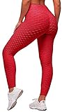 Memoryee Damen Honeycomb Leggings Geraffte Hintern Heben hohe Taille Yogahosen schick mit Sport Bauchkontrolle Kontrolle Gym/rot/M