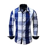 Herren Hemd Slim Fit Langarmshirt Freizeit Langarmhemd Bügelfreies Business Anzug Party Hochzeit Shirt für Männer Slim Fit Shirt Baumwolle Loose Fit KariertesTop (3XL, Blau)