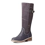 Camfosy Damen Hohe Stiefel mit Absatz, Warme Fell Gefüttert Winter Langschaft Boots Reitstiefel Niedrige mit Absatz Beiläufige Schnalle Winterschuhe Schwarz Grau Braun R