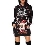 UNIQTA Damen Weihnachten Langarm Pullover Kleid Kapuzenkleider Stilvolles V-Ausschnitt Partykleid Elch Weihnachtsmann Frohe Weihnachten Print Noble Xmas Abend Party