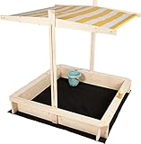 needs&wants Sandkasten mit Dach Sitzbank und Boden Vlies-Folie, Sandkiste Holz rechteckig mit Bänken Outdoor Garten Terrasse für Kinder UV-Sonnenschutz, 120x120 cm, Kiefer, gelb weiß b