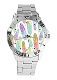 Boho Armbanduhr mit Buntem Feder-Muster, analoge Armbanduhr, Unisex, Edelstahl, silberfarb