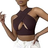 Frauen Crisscross Neckholder Ausschnitt Crop Top Riemchen Krawatte Rückenfreie Bustier Westen Y2k Mode Solid Cami Tank Tops (Brown, Small)