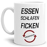 Tasse mit Spruch Essen, Schlafen, Ficken, Wiederholen - EIN ganz normales Wochenende/Lustig/Witzig/Disco/Mug/Cup/W