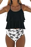 Beachsissi Tankini Badeanzug Stripe Print High Waisted Tummy Control 2-Teiler Badeanzug (M, Blatt)