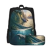 SDBUYW-ZQ Schulrucksack,Sea Waves Wallpaper，Büchertaschen für Kinder Teens College-Studenten und Federmäppchen zweiteilige S