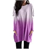 ERNUMK Damen Casual Top Rundhals Fledermausärmel Taschen Top Farbverlauf Gedruckt Blusen Lose Lang Casual Blusen Elegant Femeninas, violett, X-Larg