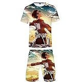 ZOSUO Herren Attack on Titan 2-Teiliges Outfit Sport Set Kurzarm Kurze Hose Suit Sommer Freizeit Kurze Sets Sporthose Cosplay Eren Jaeger Männer Tshirt Sporthose Freizeitanzug,Multi Colored,XXXXL