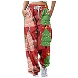 SSLLM Jogginghose Damen Weihnachten Gedruckt Haremshose Pumphose Mode Casual Hippiehose Sportshorts mit Taschen und Kordelzug für Frauen und Mädchen Baggy Elastischer Bund Trainingshose L