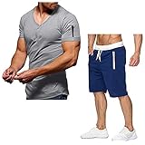 BOTCAM Männer Sommer Activewear Oversize V-Ausschnitt Kurzarm T-shirts Shorts mit Reißverschluss Tasche Trainingsanzug Schmale Passform Jogginganzug für Workout Laufen Freizeit M-3XL