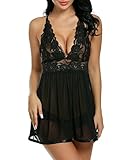 ADOME Spitze Negligee V-Ausschnitt Babydoll Lingerie Öffnen Zurück Nachtwäsche Kleid Dessous Unterwäsche für Damen mit Panties , farbe - A-Schwarz , Gr. EU XXL