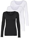 ONLY 3er Pack Damen Langarmshirt schwarz und weiß Langarm Basic Longsleeve Sommer aus 95% Baumwolle XS S M L XL 15209156 (3er Pack Farb Mix 2, XL)