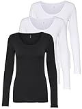 ONLY 3er Pack Damen Langarmshirt schwarz und weiß Langarm Basic Longsleeve Sommer aus 95% Baumwolle XS S M L XL 15209156 (3er Pack Farb Mix 2, M)