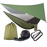 OTraki Hängematte mit Moskitonetz und Zeltplane Hängematte Tarp Reise Camping Hammock mit Zipper 200kg Last Kapazität Ultraleichte Atmungsaktiv für Outdoor, Wandern, Reisen Grün (290cm x 140cm)