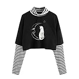 GFGHH Damen Patchwork Streifen Fake Zwei Stücke Sun Moon Drucken Langarm Jumper Streetwear Kapuzenpulli Bluse Frühling Herbst Oberteile Sweatshirt Pullover, High Neck Striped T-Shirt, Frauen Crop Top