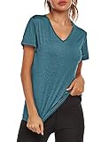 Parabler Damen atmungsaktive Funktionelle Sport Training Fitness T-Shirt Kurzarm V-Ausschnitt Laufhemd Yoga Top Loose Fit Laufshirt für F