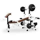 Klarfit Workout Hero 3000 Langhantelbank - Hantelbank für Bankdrücken, Kabelzug & Co, Hantelbank mit Bein-Curler, aus Stahl, angenehme Polsterung, ohne Gewichte, weiß