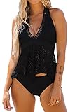 Beachsissi Frauen Soild Color Zweiteiler Bikini Neckholder Rüschensaum Beachsuits Lace Panel Niedliche Tankini-Sets, Schwarz, L