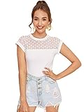 DIDK Damen Elegant T-Shirts Sommer Top mit Spitze Schmal Oberteile Tunika Sommershirts Büro Tops Rundhals Weiß M